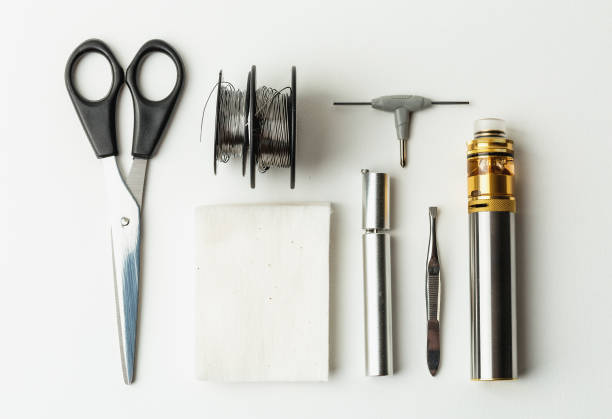 istock Top view of vape set for rebuildable atomisers, mech mod, cotton, coil Canthal 858359632