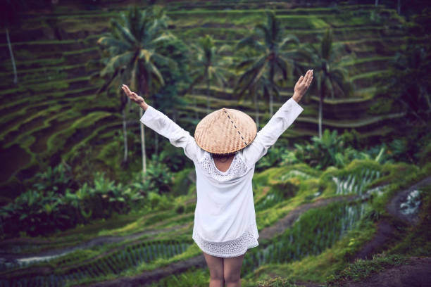 istock Asian Female with Traditional Straw and Raised Hands at Rice Fields 858370478