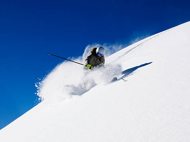 skier making tracks in fresh powder - powder snow ski ski track track 뉴스 사진 이미지