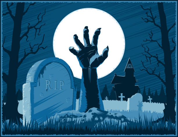 ilustraciones, imágenes clip art, dibujos animados e iconos de stock de cementerio de mano zombie halloween fondo vintage horror luna poster - zombie halloween cemetery human hand
