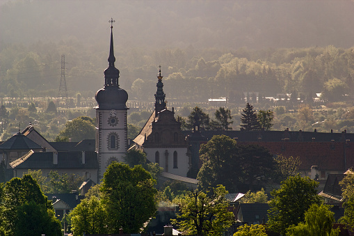 Stary Sacz town at sunrise. Monastery of the Poor Clares in the Stary Sacz, Poland.