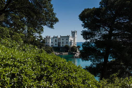 Trieste, Italy, Europe - April 29. 2017 - 2:41 PM. Castle Miramare built from Erzherzog Ferdinand Maximilian 1856 until 1860.