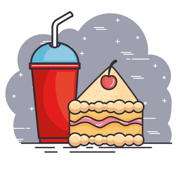 ilustrações, clipart, desenhos animados e ícones de desenho de refeição de fast-food - set cake cream sweet food