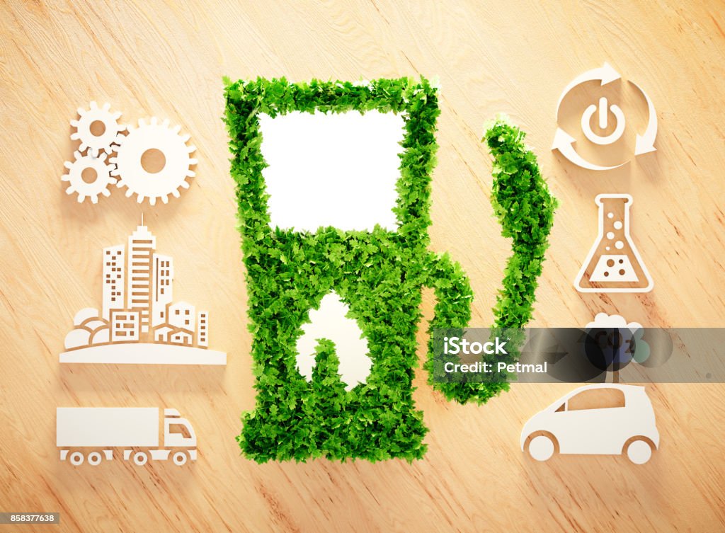 Biofuel concept on wooden background. 3d illustration. Clean Stock Photo