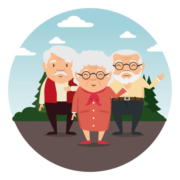 행복 한 조부모 만화 - senior adult grandmother grandfather cards stock illustrations