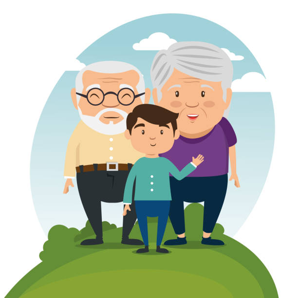 행복 한 조부모 만화 - senior adult grandmother grandfather cards stock illustrations