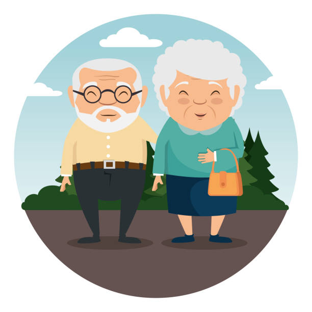 행복 한 조부모 만화 - senior adult grandmother grandfather cards stock illustrations