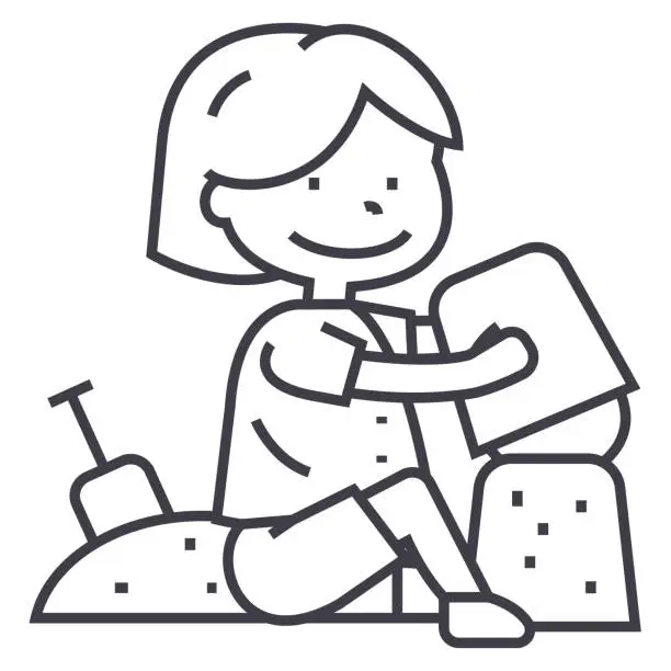 Vector illustration of boy playing with sand on beach or sandbox,scapula and bucket vector line icon, sign, illustration on background, editable strokes