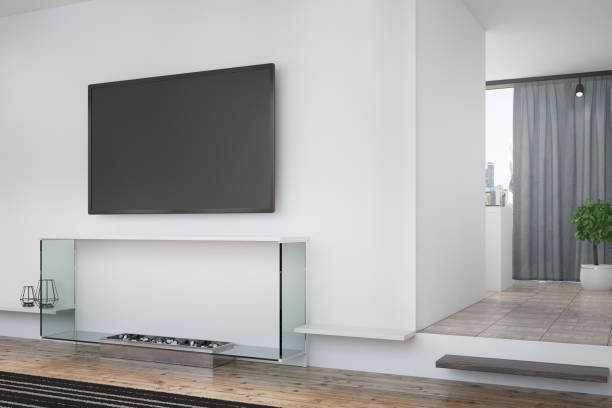 istock White living room, TV and poster, corner 858402298