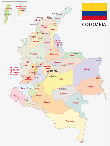 ilustrações de stock, clip art, desenhos animados e ícones de colombia administrative map with flag - colombia map