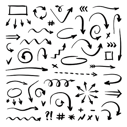 Hand drawn vector arrows set on  white background. Handwriting elements.