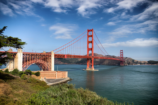 Wide view of the Golden Gate Bridge at a sunrise time.