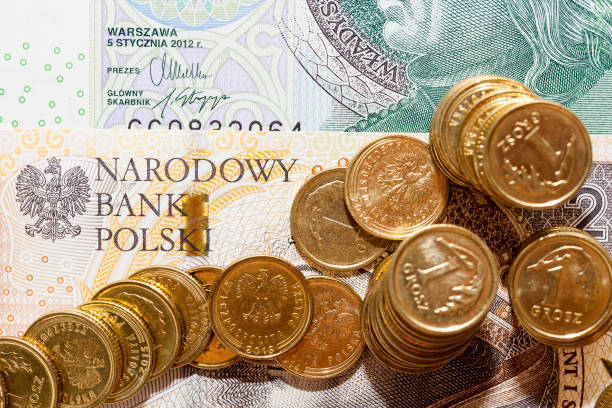 istock Polish coins lying on paper signs Poland 858420432