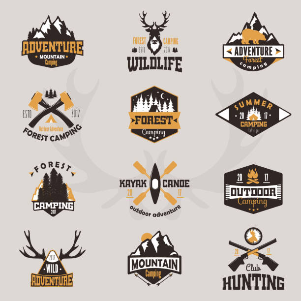 Outdoor tourist travel icon scout badges template emblem vector illustration collection. Mountains and rivers
