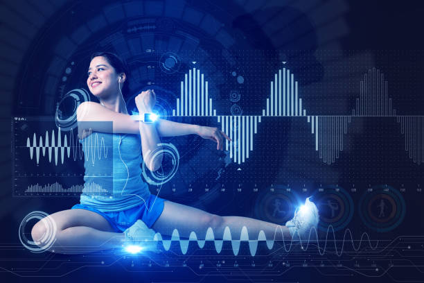 istock sports technology concept. stretching woman and various technological abstract graphics. sport science. 858445838