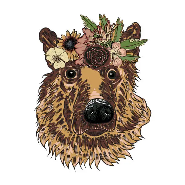 Vector illustration of German Shepherd puppy in the exotic flower roses wreath crown. Tattoo or T - shirt dress poster boho Chic dog portrait concept. Fashion illustration. Hand drawn domestic dog vector.