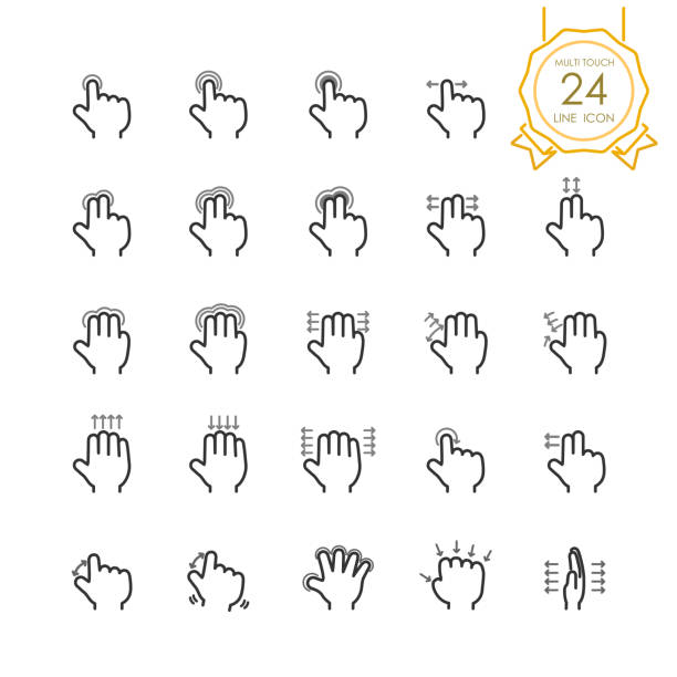 タッチ スクリーン デバイス、タブレット、タッチパッドまたはスワイプ、スクロール、タップ、携帯電話、シンプルな指記号のマルチ タッチ線アイコンのジェスチャーの手セットのズーム� - human thumb click human hand communication点のイラスト素材／クリップアート素材／マンガ素材／アイコン素材