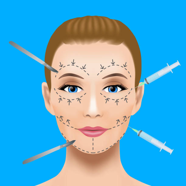 성형 수술 개념입니다. 보톡스 주사입니다. 여자 얼굴 주름 치료입니다. - plastic surgery botox injection face lift nose job stock illustrations