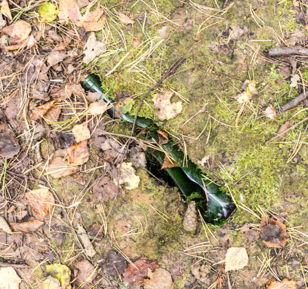 Large pile of broken glass bottles and containers polluting the environment