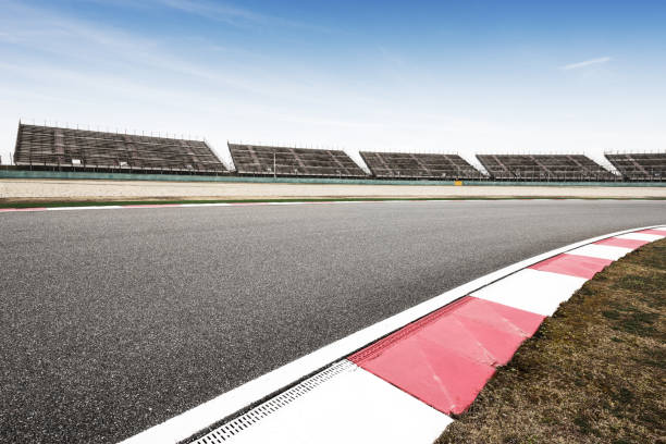 empty asphalt road  in car racing track empty asphalt road in zhejiang circuit in shaoxing in blue cloud sky motor racing track photos stock pictures, royalty-free photos & images