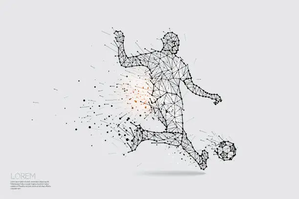 Vector illustration of The particles, geometric art, line and dot of football player shooting.