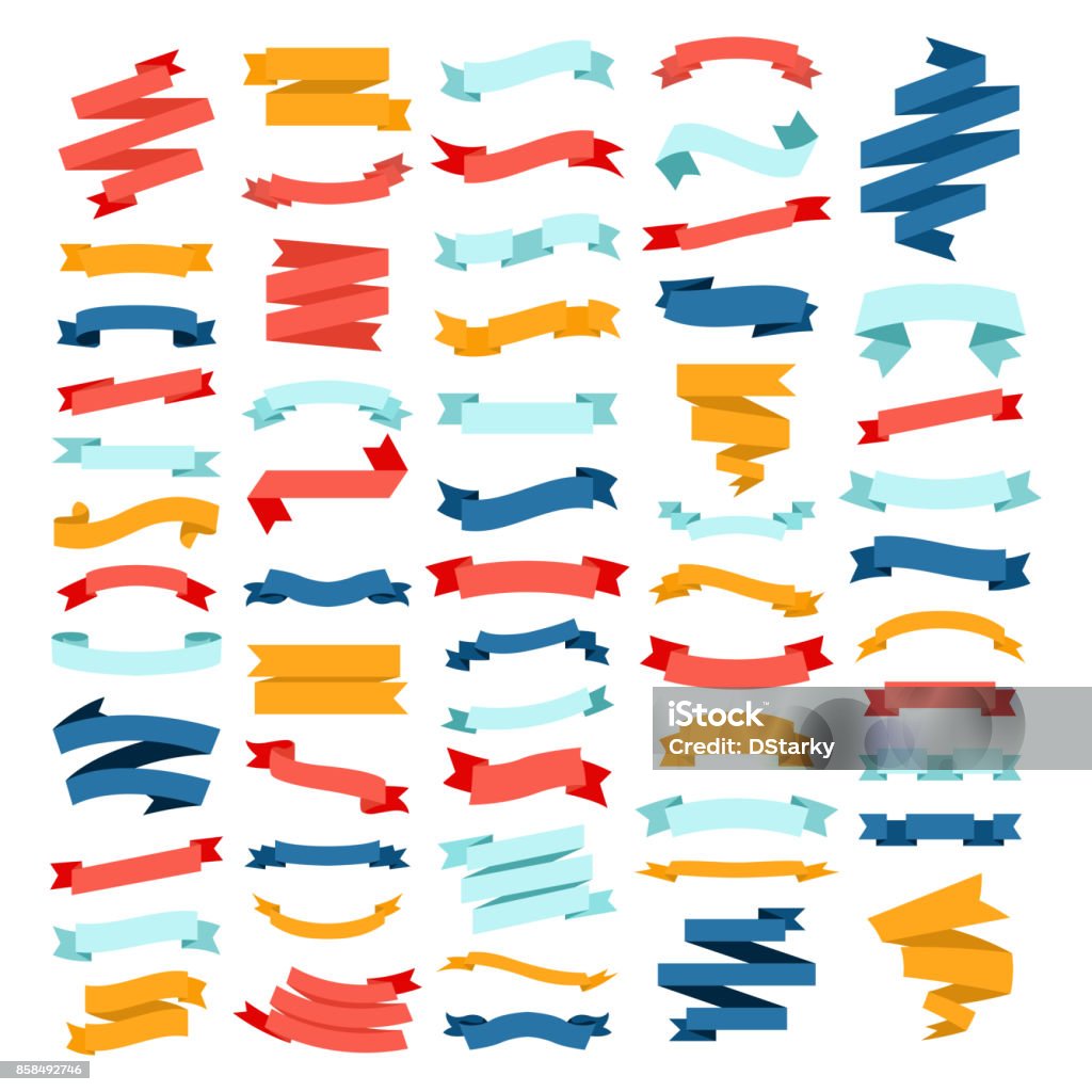 Vector set of different color flat ribbons on a white background Vector set of different color flat ribbons on a white background. Template design element. Christmas decoration and sticker for advertising and app. Illustration of accessory and gift. Ribbon - Sewing Item stock vector