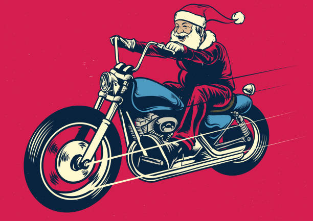 ilustraciones, imágenes clip art, dibujos animados e iconos de stock de santa claus montar a motocicleta - christmas santa claus north pole snow