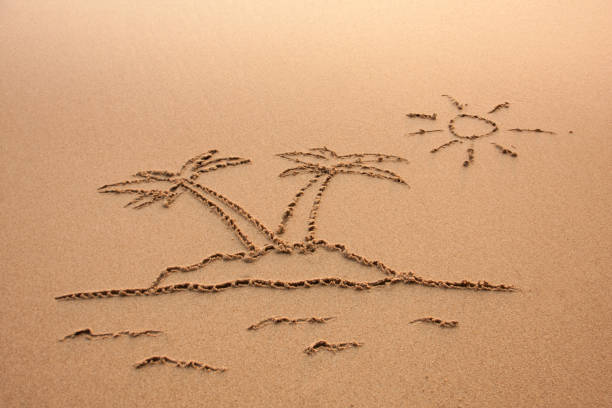 istock Drawing of palm tree on sand 858494022