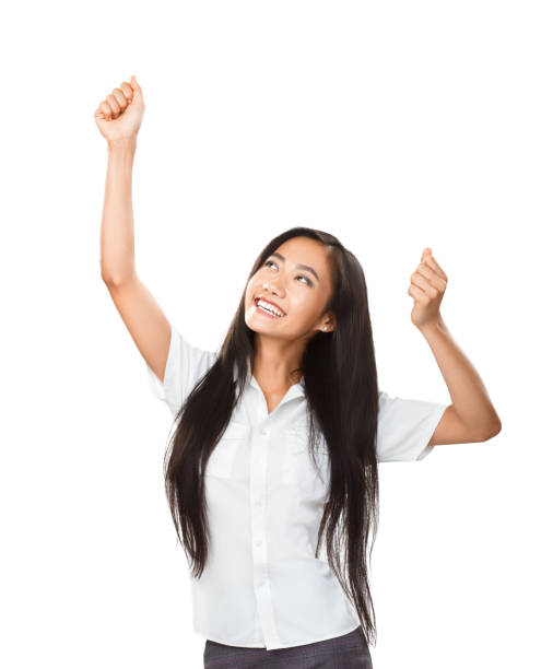 istock Happy young Asian woman dancing or rejoicing on white background 858498536