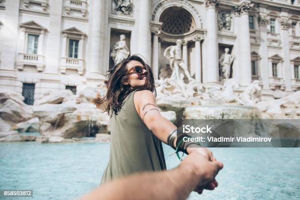 Young Woman In Front Of Trevi Fountain Stock Photo - Download Image Now - Rome - Italy, Italy, Travel