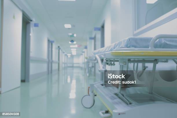 Gurney In Empty Hall Of Medical Building Stock Photo - Download Image Now - Hospital, Construction Industry, Waiting