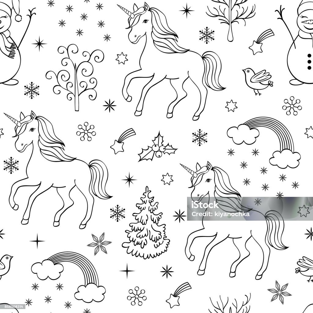 pattern with unicorns,trees,birds,snowmen Christmas seamless pattern with unicorns,trees,birds,snowmen on white background.coloring page for kids and adult. vector illustration. Adult stock vector