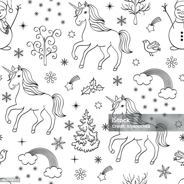 Pattern With Unicorns Trees Birds Snowmen Stock Illustration - Download Image Now - Adult, Animal, Art