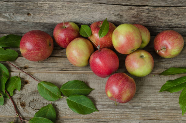 istock Apples on old wooden background 858510956