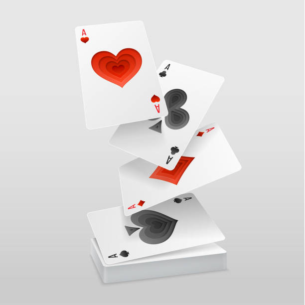 ilustraciones, imágenes clip art, dibujos animados e iconos de stock de vector conjunto de cuatro ases cartas caen en la cubierta de la tarjeta. - poker cards royal flush leisure games