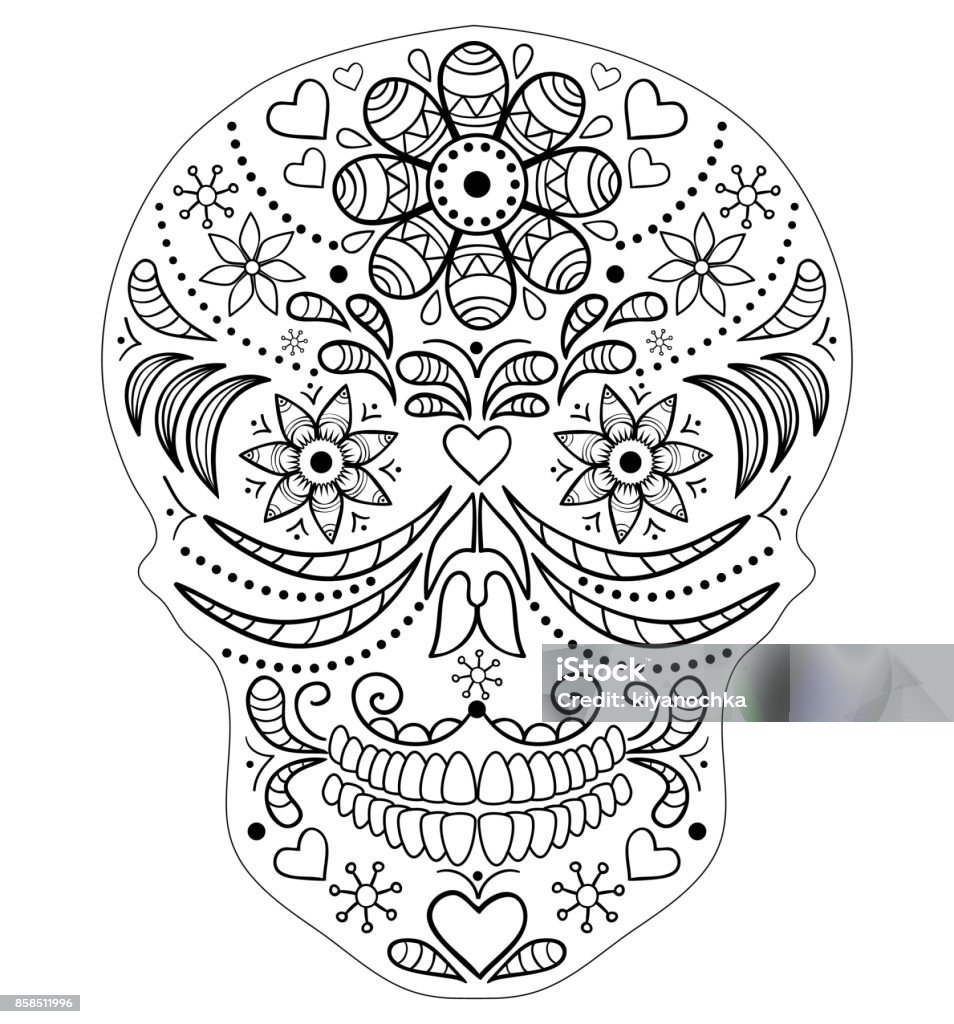 Hand drawn skull Abstract skull on white background. Coloring page for children and adult. Vector illustration. Adult stock vector