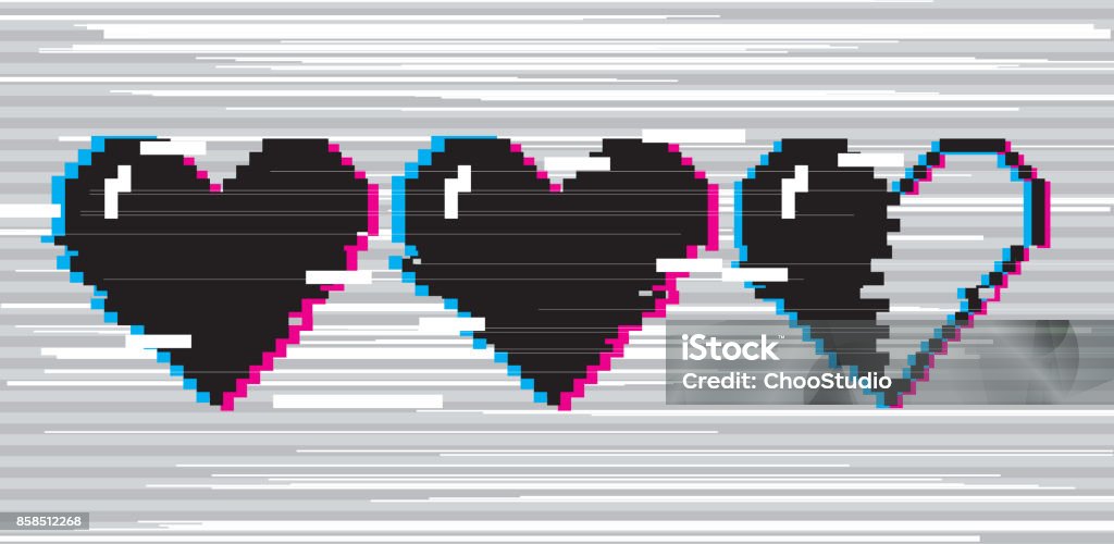 Pixel art hearts for game Vector pixel art 8 bit style hearts for game. Black stylized illustration with concept of spendable lives game mode. Two full hearts and one in half with glitch VHS effect. Heart - Internal Organ stock vector