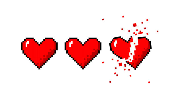 Healthbar of hearts and one broken heart Vector pixel art 8 bit style hearts for game. Colorful stylized illustration with concept of spendable lives game mode or human health. Two full hearts and heart broken apart broken heart stock illustrations