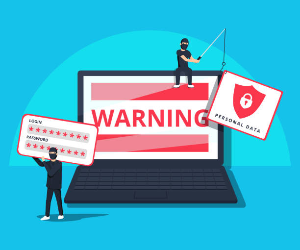 hacking phishing-angriff. flache vektor-illustration der junge hacker sitzt auf dem laptop zu hack-schutzsystem. - computer hacker spy spam safety stock-grafiken, -clipart, -cartoons und -symbole