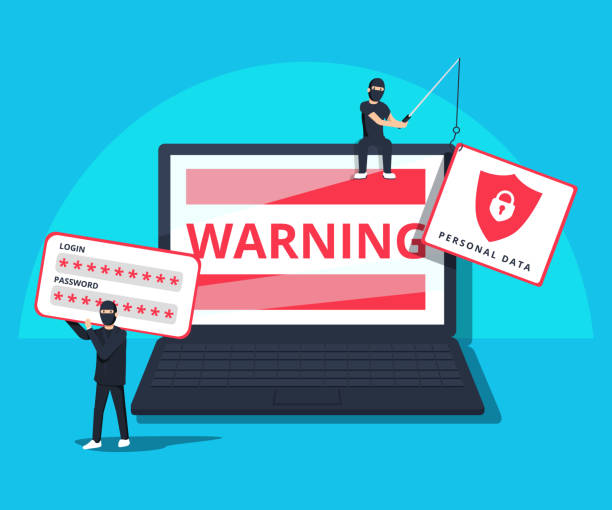 Hacking phishing attack. Flat vector illustration of young hacker sitting on the laptop to hack protection system. Hacking phishing attack. Flat vector illustration of young hacker sitting on the laptop to hack protection system. young man with code symbols on blue background e mail spam stock illustrations