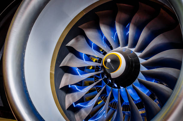 istock Airplane engine and blades with blue backlight Illumination close up. 858518792