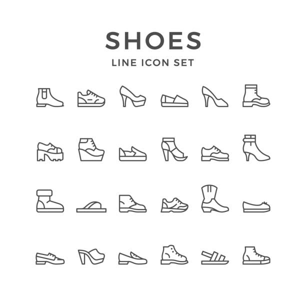 ilustraciones, imágenes clip art, dibujos animados e iconos de stock de iconos de establecer línea de zapatos - calzado