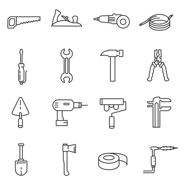 zestaw ikon narzędzi domowych. edytowalne obrys. - white background equipment work tool workshop stock illustrations