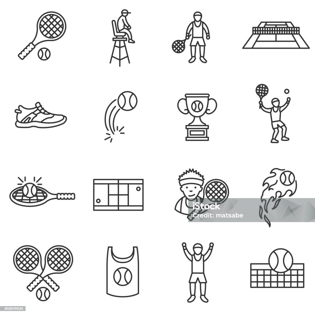 Tenis, configurar los iconos de la línea. Movimiento editable. - arte vectorial de Tenis libre de derechos