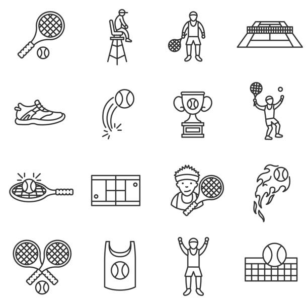 ilustraciones, imágenes clip art, dibujos animados e iconos de stock de tenis, configurar los iconos de la línea. movimiento editable. - tennis court vector tennis racket