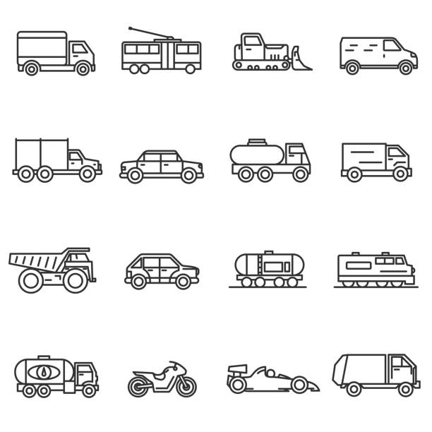 ilustrações de stock, clip art, desenhos animados e ícones de vehicles, line icons set. - troleicarro