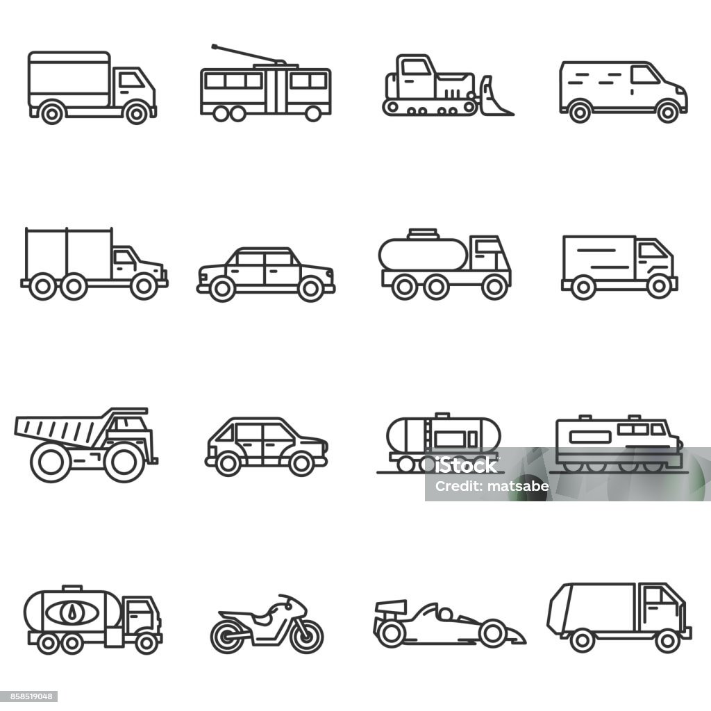 Vehicles, line icons set. Vehicles, line icons set. Collection of ground transportation. Various transport , vector linear illustration. car, truck, train, public transportation, bike, bulldozer. Wheel vehicles elements Line Icon stock vector