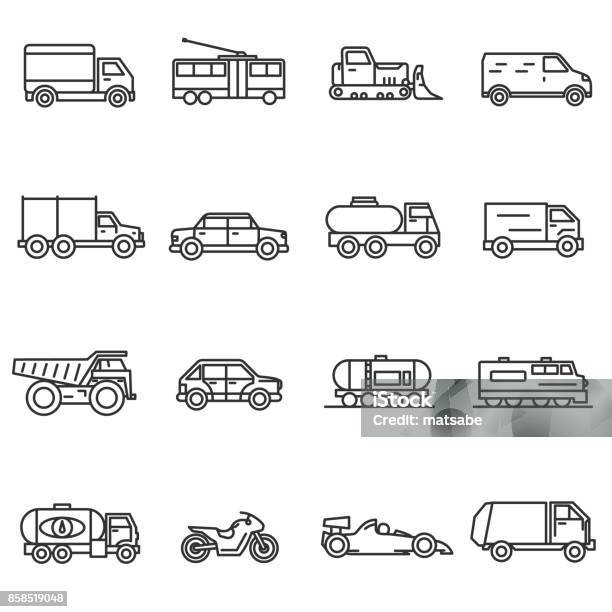 Vehicles Line Icons Set Stock Illustration - Download Image Now - Line Icon, Truck, Transportation