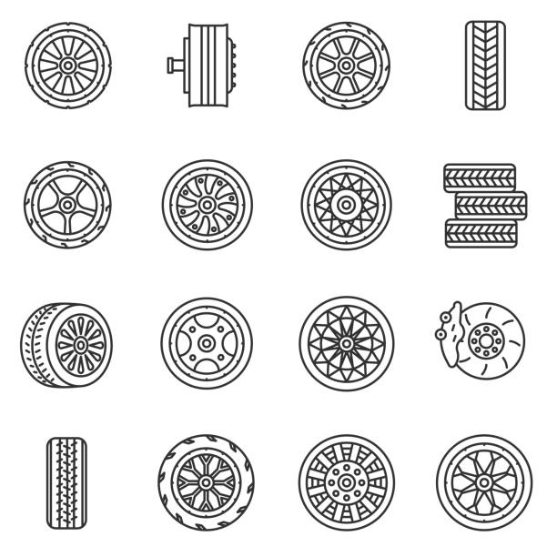 zestaw ikon opon i kół. edytowalne obrys. - white background car vehicle part brake stock illustrations