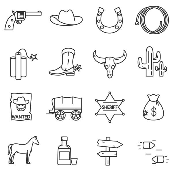 Wild West icons set. Wild West icons set. elements of the wild west, thin line design. cowboy accessories, linear symbols collection. Attributes American Frontier, isolated vector illustration. officer boots stock illustrations